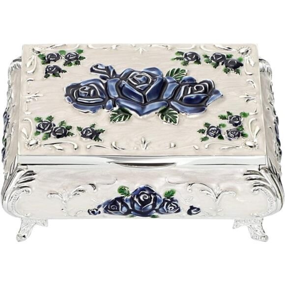 Vintage Metal Jewelry Box Small Treasure Chest Case Trinket Organizer Earrings - Picture 1 of 8